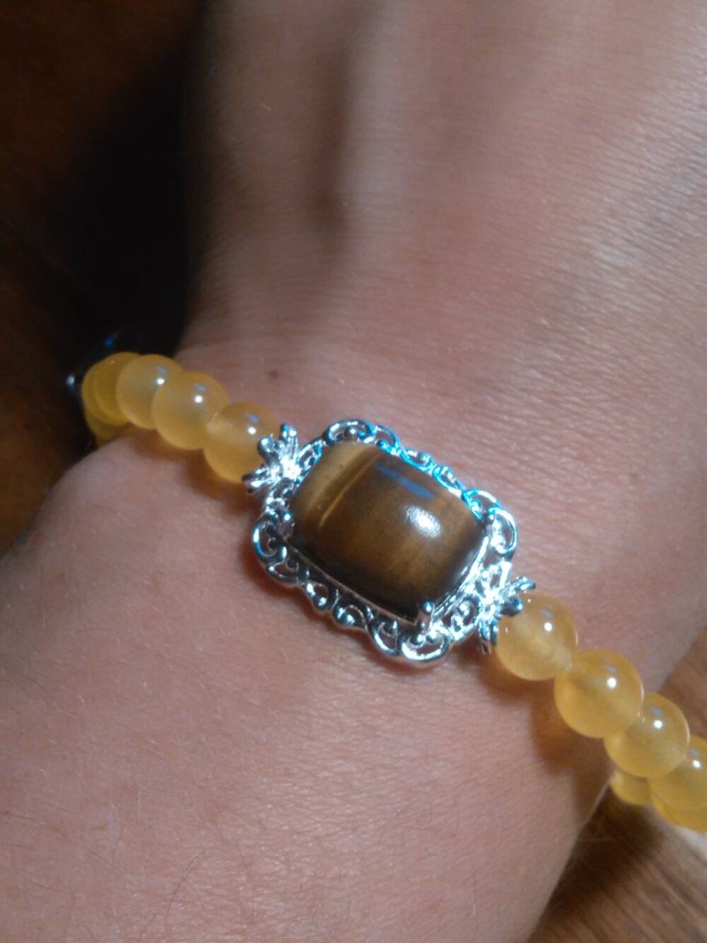Tiger's Eye and Yellow Quartzite Sterling Silver Bracelet (Size 7.25)